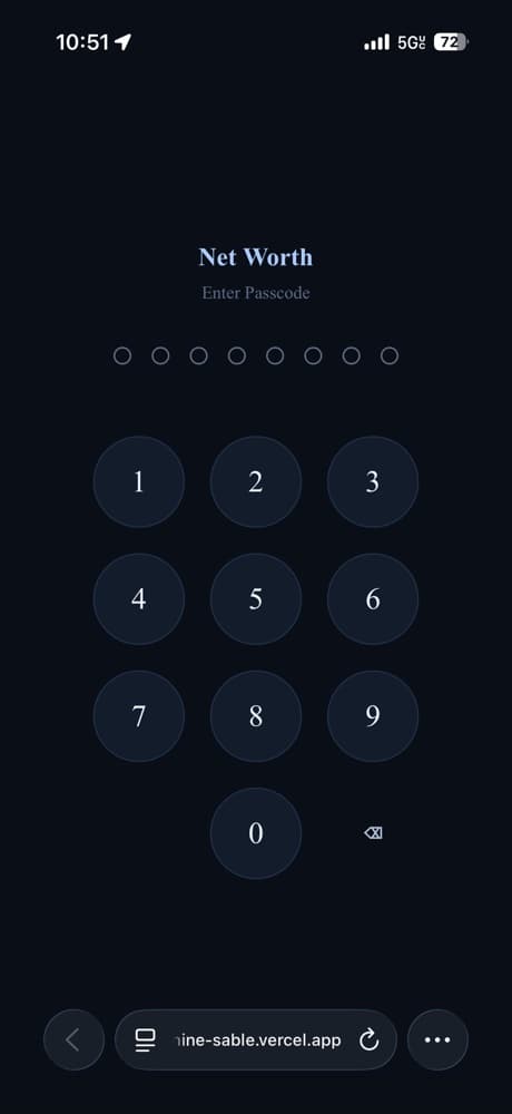 The passcode lock screen of the net-worth app Dhevan built